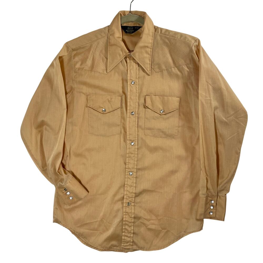 Vintage 70s Sears Western Pearl Snap Button-Up Shirt Tan Long Sleeve Size Medium